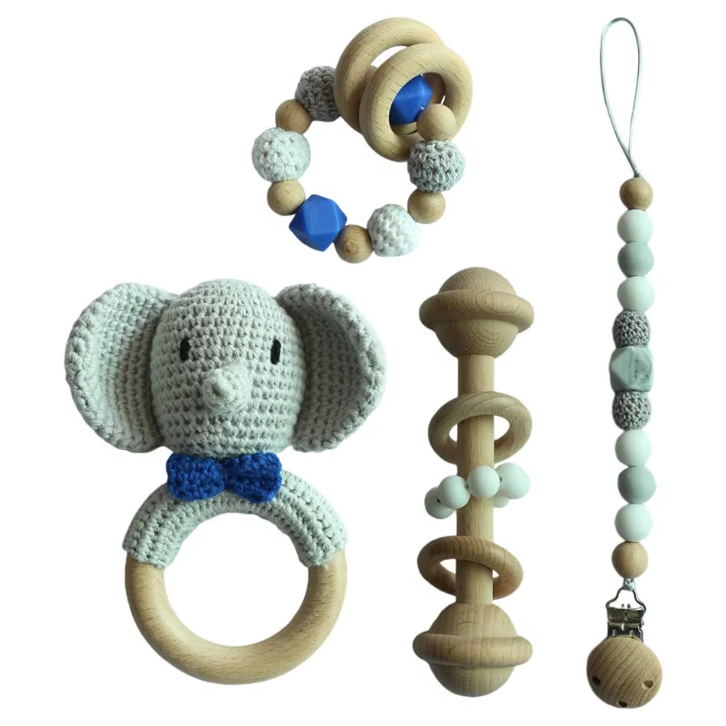 Adorable Handcrafted Crochet Baby Deer and Rabbit Stuffed Dolls with Wooden Teething Ring and Pacifier Chain Clips