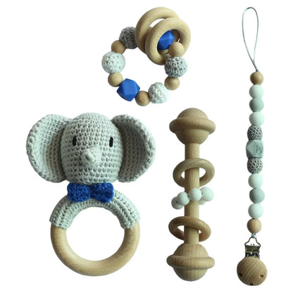 Adorable Handcrafted Crochet Baby Deer and Rabbit Stuffed Dolls with Wooden Teething Ring and Pacifier Chain Clips