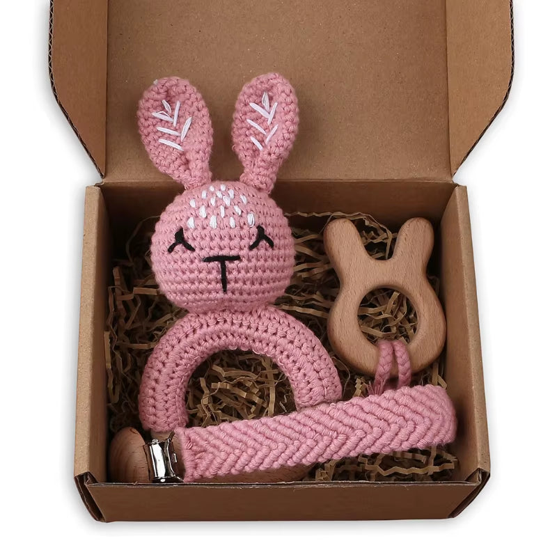 Adorable Handcrafted Crochet Baby Deer and Rabbit Stuffed Dolls with Wooden Teething Ring and Pacifier Chain Clips