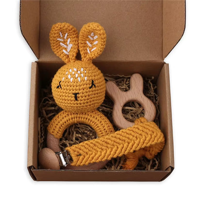 Adorable Handcrafted Crochet Baby Deer and Rabbit Stuffed Dolls with Wooden Teething Ring and Pacifier Chain Clips