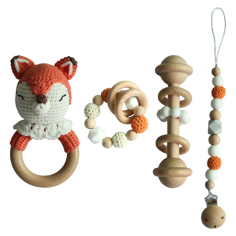 Adorable Handcrafted Crochet Baby Deer and Rabbit Stuffed Dolls with Wooden Teething Ring and Pacifier Chain Clips