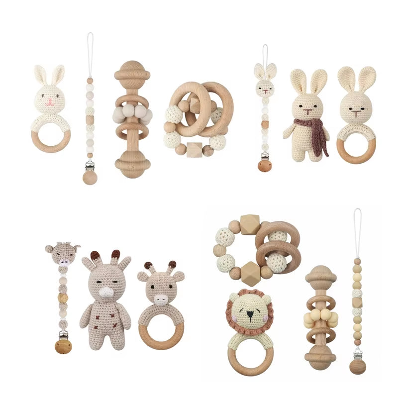 Adorable Handcrafted Crochet Baby Deer and Rabbit Stuffed Dolls with Wooden Teething Ring and Pacifier Chain Clips