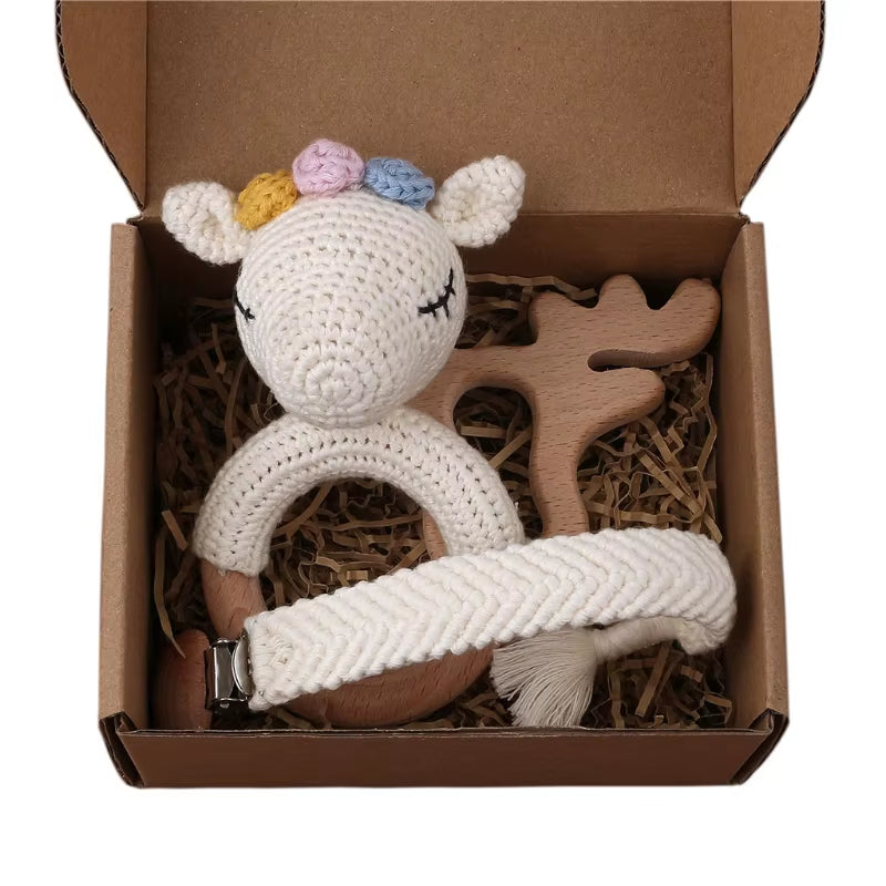 Adorable Handcrafted Crochet Baby Deer and Rabbit Stuffed Dolls with Wooden Teething Ring and Pacifier Chain Clips