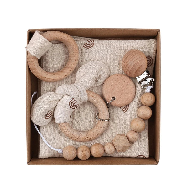 Delightful 1 Set Pacifier Clips Chain with Bunny Ears - Cotton Baby Bibs, Teether, and Wooden Gym Ring for Your Little One