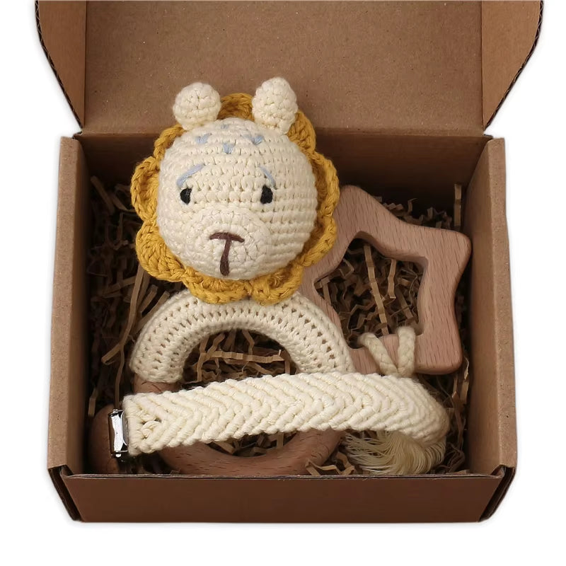 Adorable Handcrafted Crochet Baby Deer and Rabbit Stuffed Dolls with Wooden Teething Ring and Pacifier Chain Clips