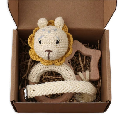 Adorable Handcrafted Crochet Baby Deer and Rabbit Stuffed Dolls with Wooden Teething Ring and Pacifier Chain Clips