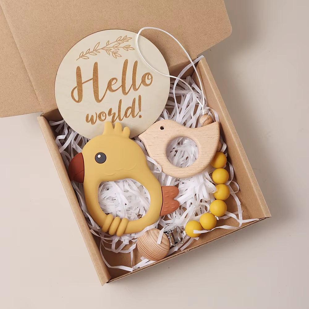 Delightful 4-Piece Baby Milestone Gift Box Set with Adorable Wooden Bird Teether and Silicone Charms