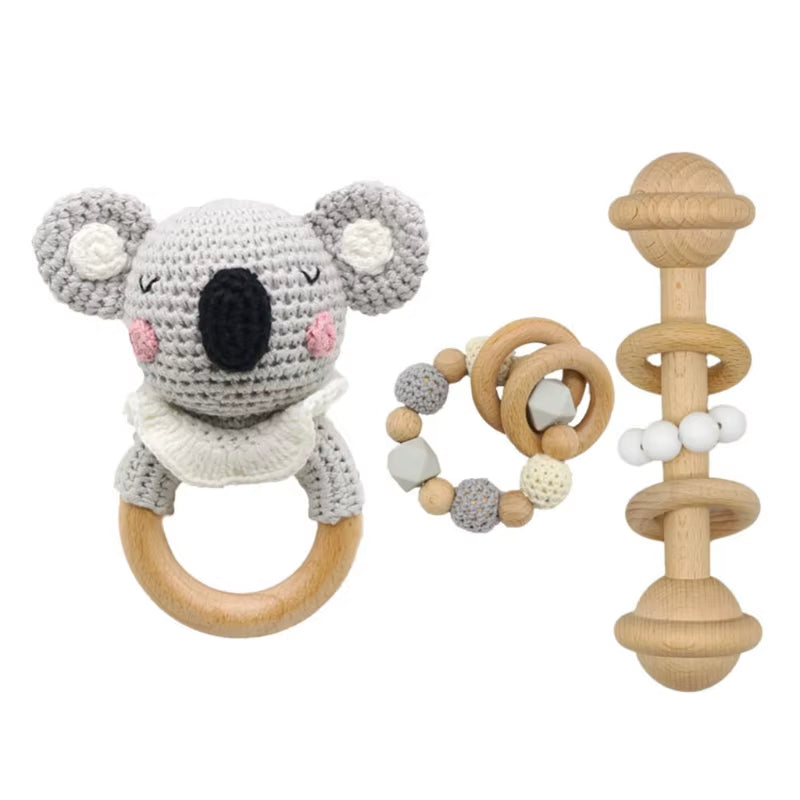 Adorable Handcrafted Crochet Baby Deer and Rabbit Stuffed Dolls with Wooden Teething Ring and Pacifier Chain Clips