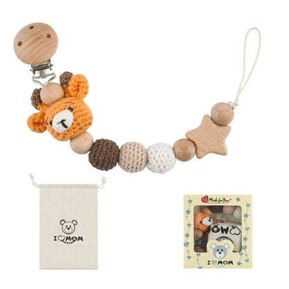 Baby Wooden Pacifier Clip Wood Crochet Cartoon Teething Soother Chain for BPA Free Nursing Chew Toy Baby Dummy Holder Chain