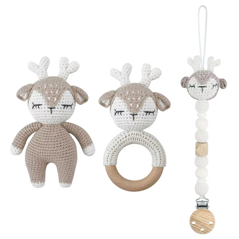 Adorable Handcrafted Crochet Baby Deer and Rabbit Stuffed Dolls with Wooden Teething Ring and Pacifier Chain Clips