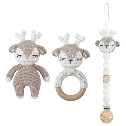 Adorable Handcrafted Crochet Baby Deer and Rabbit Stuffed Dolls with Wooden Teething Ring and Pacifier Chain Clips