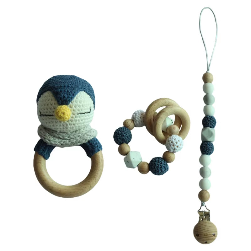Adorable Handcrafted Crochet Baby Deer and Rabbit Stuffed Dolls with Wooden Teething Ring and Pacifier Chain Clips