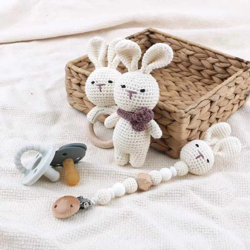 Adorable Handcrafted Crochet Baby Deer and Rabbit Stuffed Dolls with Wooden Teething Ring and Pacifier Chain Clips