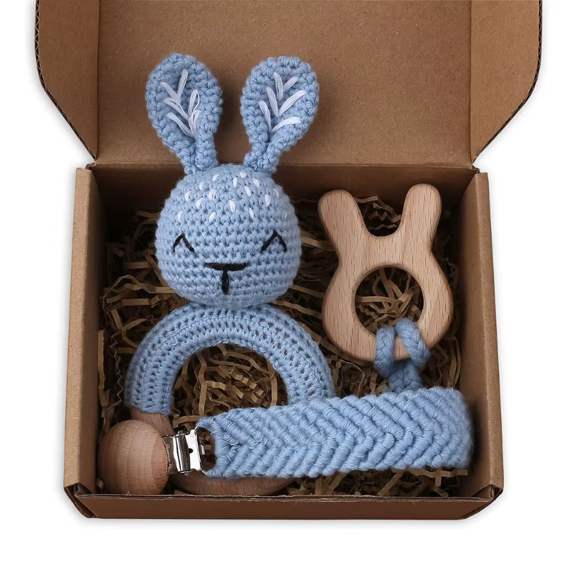 Adorable Handcrafted Crochet Baby Deer and Rabbit Stuffed Dolls with Wooden Teething Ring and Pacifier Chain Clips