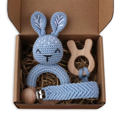 Adorable Handcrafted Crochet Baby Deer and Rabbit Stuffed Dolls with Wooden Teething Ring and Pacifier Chain Clips