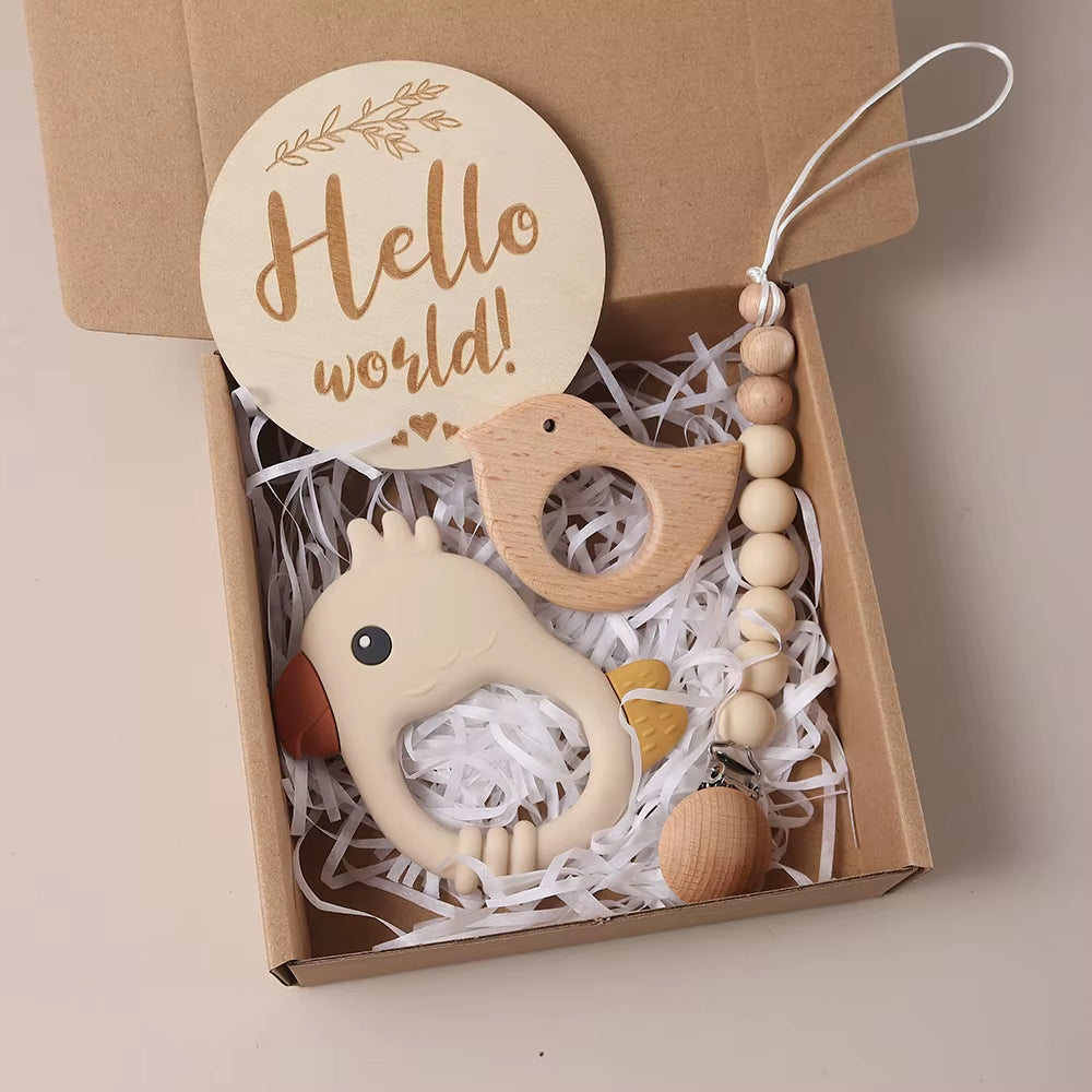 Delightful 4-Piece Baby Milestone Gift Box Set with Adorable Wooden Bird Teether and Silicone Charms