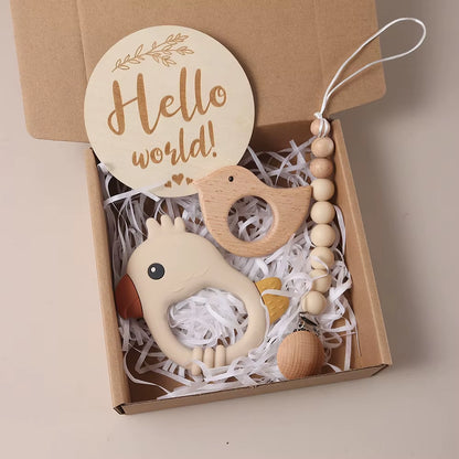 Delightful 4-Piece Baby Milestone Gift Box Set with Adorable Wooden Bird Teether and Silicone Charms