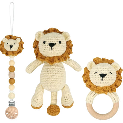 Adorable Handcrafted Crochet Baby Deer and Rabbit Stuffed Dolls with Wooden Teething Ring and Pacifier Chain Clips