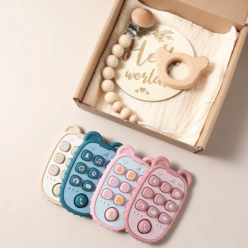 Delightful New Born Baby Gift Set: Silicone Teether, Wooden Bunny Rattle & Milestone Props