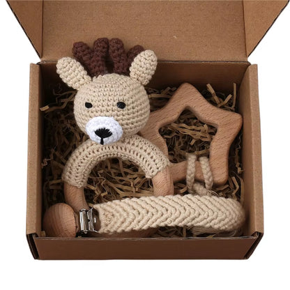 Adorable Handcrafted Crochet Baby Deer and Rabbit Stuffed Dolls with Wooden Teething Ring and Pacifier Chain Clips
