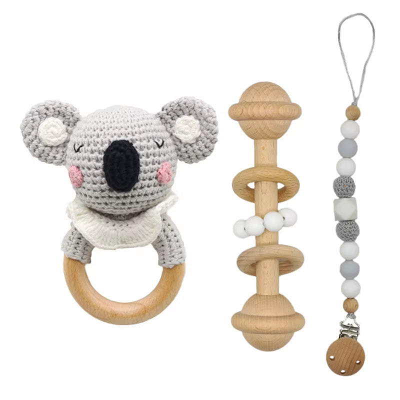 Adorable Handcrafted Crochet Baby Deer and Rabbit Stuffed Dolls with Wooden Teething Ring and Pacifier Chain Clips