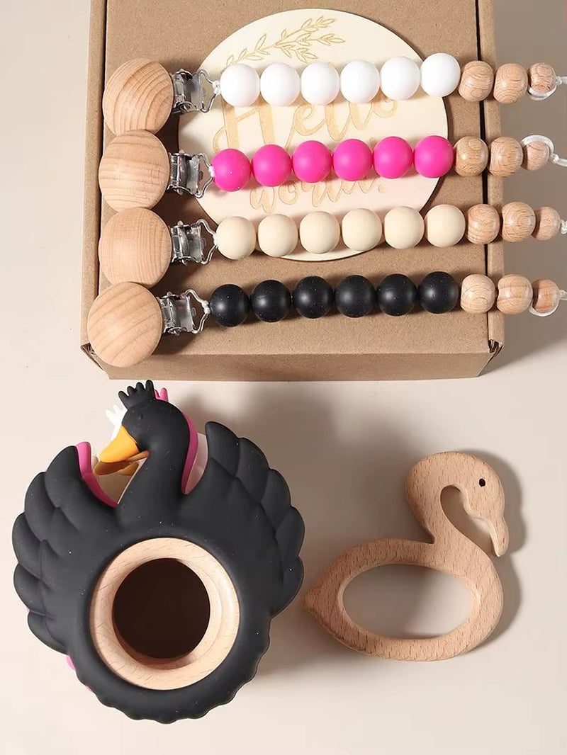 Delightful 4-Piece Swan Teether Baby Bibs Gift Set with Flamingo Teething Pacifier Chain - Perfect for Newborn Photography!