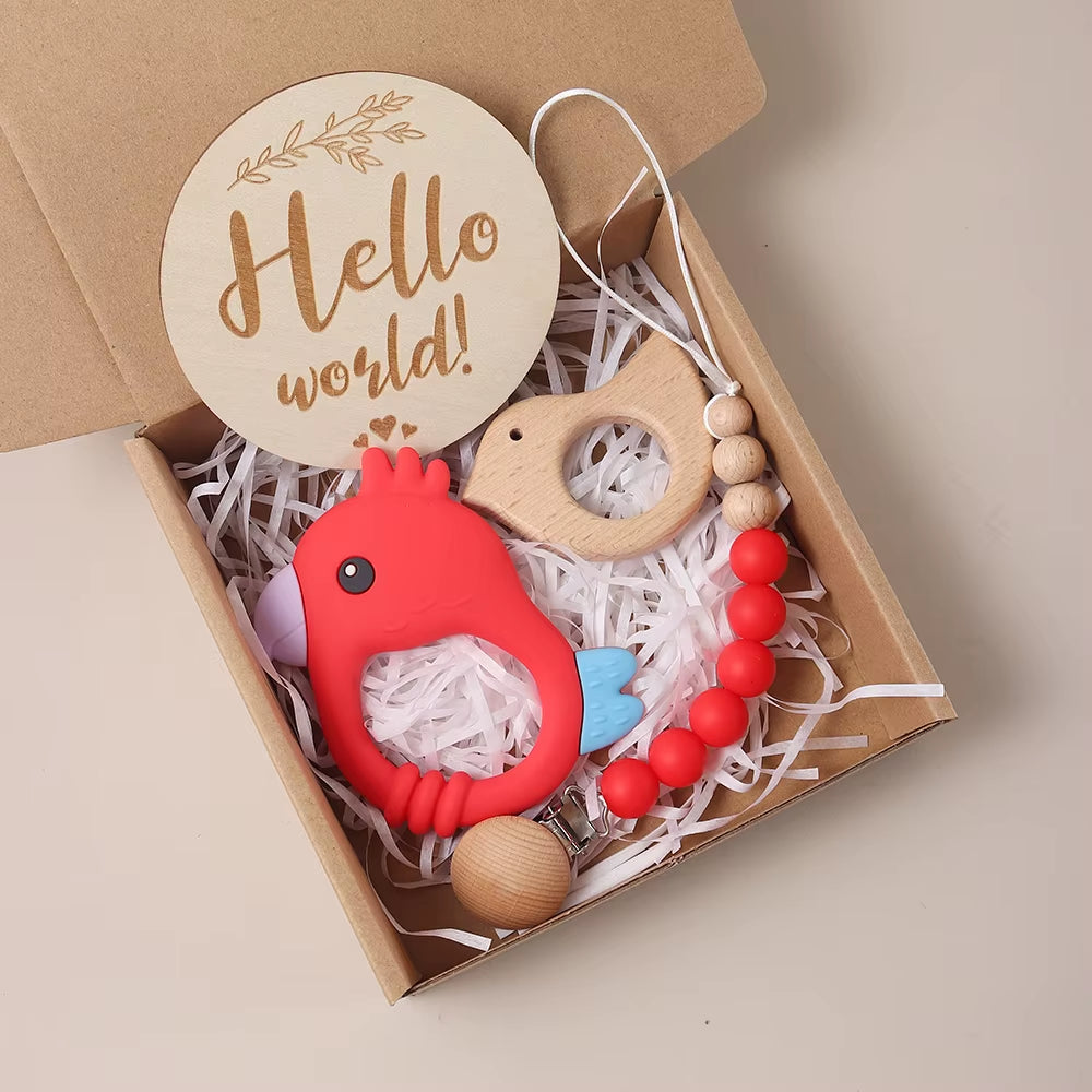 Delightful 4-Piece Baby Milestone Gift Box Set with Adorable Wooden Bird Teether and Silicone Charms