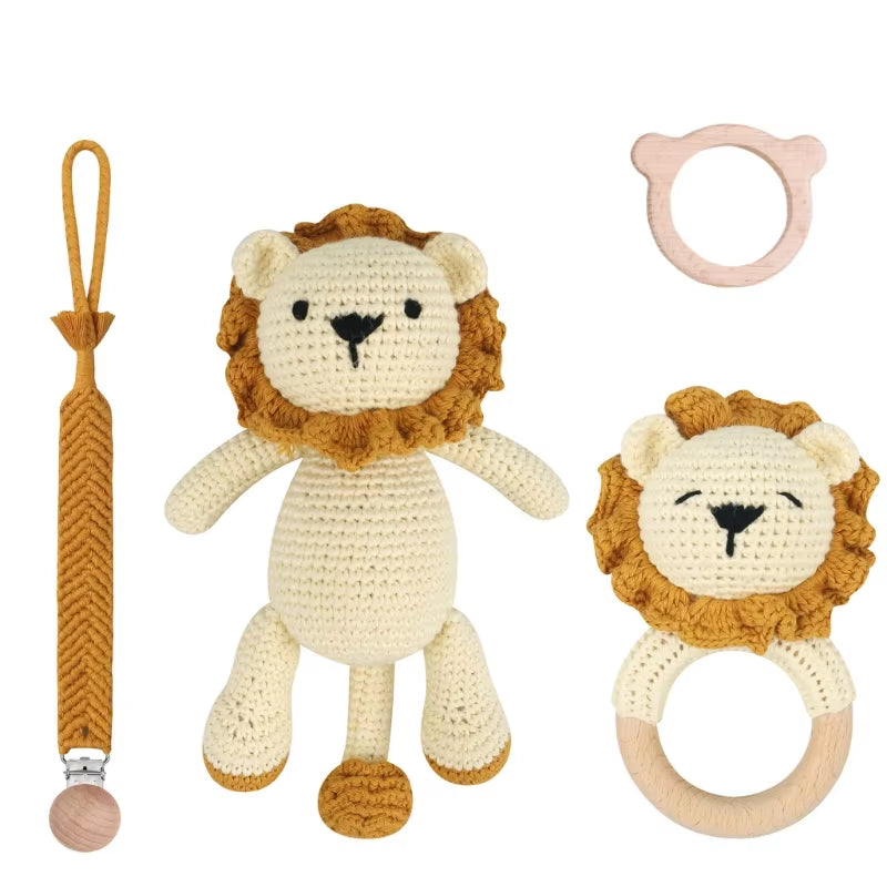 Adorable Handcrafted Crochet Baby Deer and Rabbit Stuffed Dolls with Wooden Teething Ring and Pacifier Chain Clips