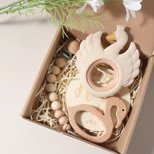 Delightful 4-Piece Swan Teether Baby Bibs Gift Set with Flamingo Teething Pacifier Chain - Perfect for Newborn Photography!