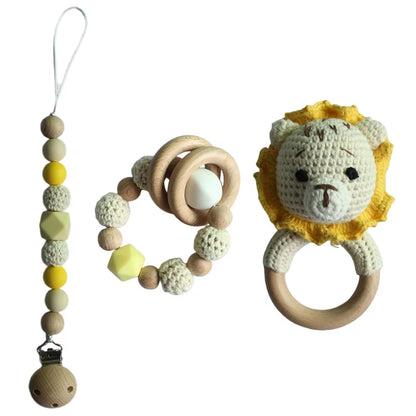 Adorable Handcrafted Crochet Baby Deer and Rabbit Stuffed Dolls with Wooden Teething Ring and Pacifier Chain Clips