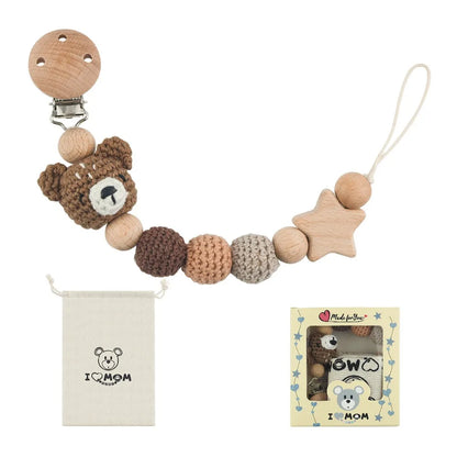 Baby Wooden Pacifier Clip Wood Crochet Cartoon Teething Soother Chain for BPA Free Nursing Chew Toy Baby Dummy Holder Chain
