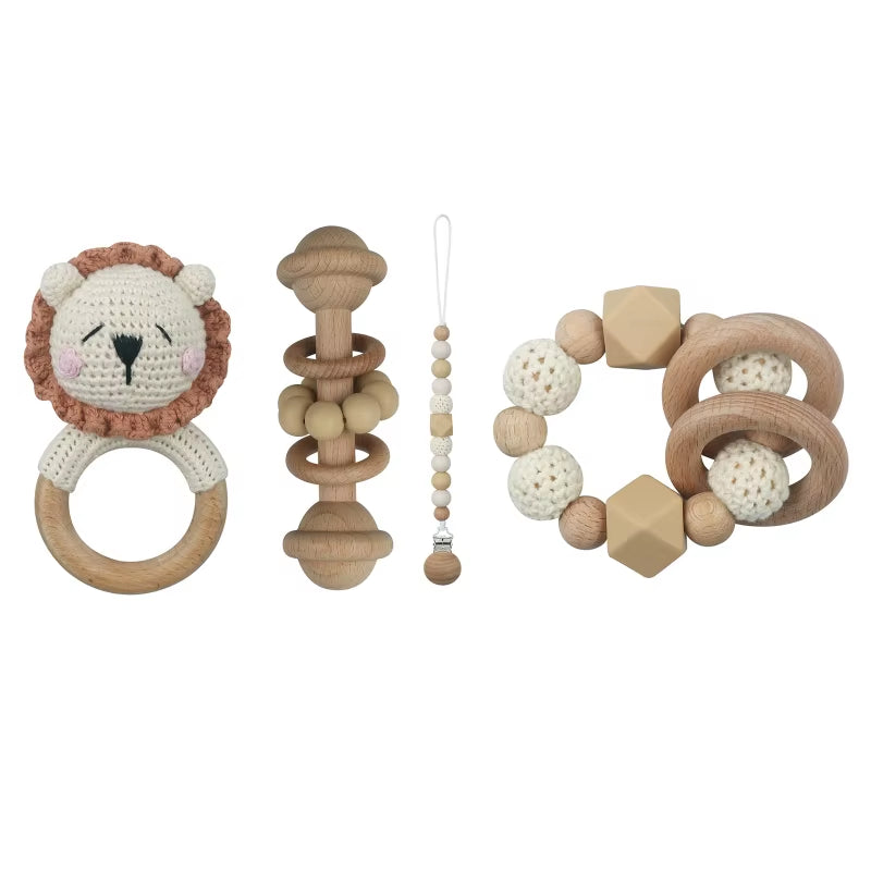 Adorable Handcrafted Crochet Baby Deer and Rabbit Stuffed Dolls with Wooden Teething Ring and Pacifier Chain Clips