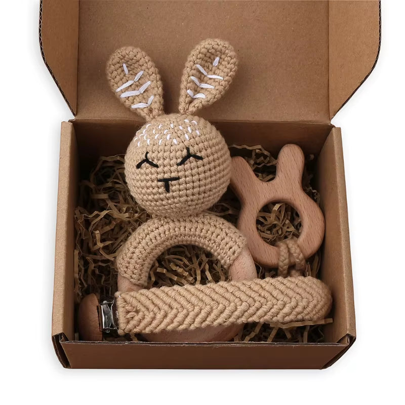 Adorable Handcrafted Crochet Baby Deer and Rabbit Stuffed Dolls with Wooden Teething Ring and Pacifier Chain Clips