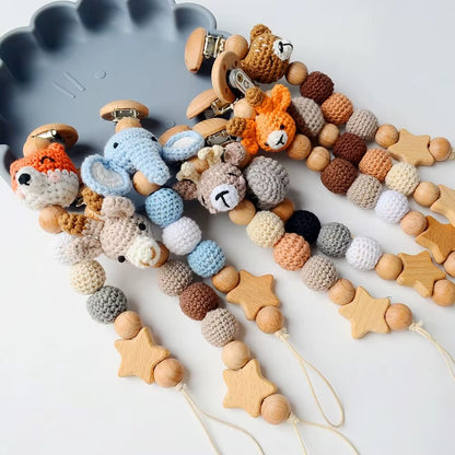 Baby Wooden Pacifier Clip Wood Crochet Cartoon Teething Soother Chain for BPA Free Nursing Chew Toy Baby Dummy Holder Chain