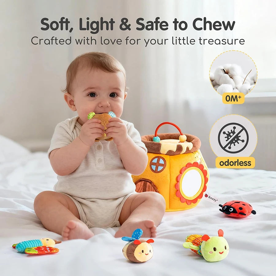 Baby Toys 6-12 Months,Bee House with Stuffed Farm Animals for Toddlers 1-3 Baby Plush Beehive Wtih Rattles Squeaker Mirror