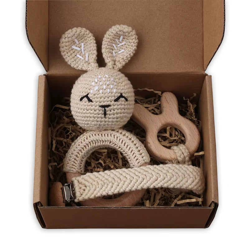 Adorable Handcrafted Crochet Baby Deer and Rabbit Stuffed Dolls with Wooden Teething Ring and Pacifier Chain Clips