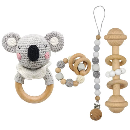 Adorable Handcrafted Crochet Baby Deer and Rabbit Stuffed Dolls with Wooden Teething Ring and Pacifier Chain Clips