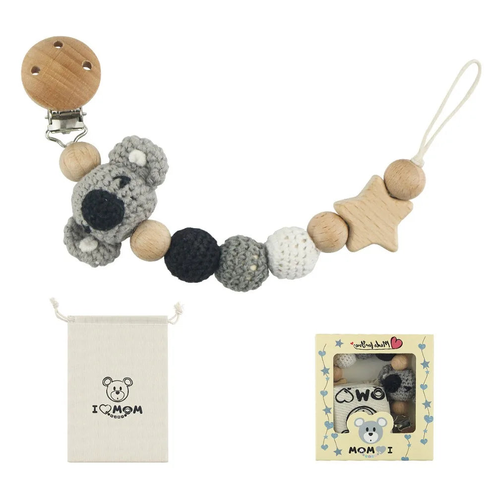 Baby Wooden Pacifier Clip Wood Crochet Cartoon Teething Soother Chain for BPA Free Nursing Chew Toy Baby Dummy Holder Chain