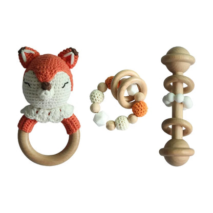 Adorable Handcrafted Crochet Baby Deer and Rabbit Stuffed Dolls with Wooden Teething Ring and Pacifier Chain Clips
