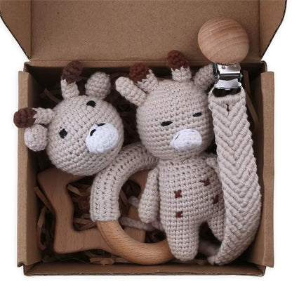 Adorable Handcrafted Crochet Baby Deer and Rabbit Stuffed Dolls with Wooden Teething Ring and Pacifier Chain Clips