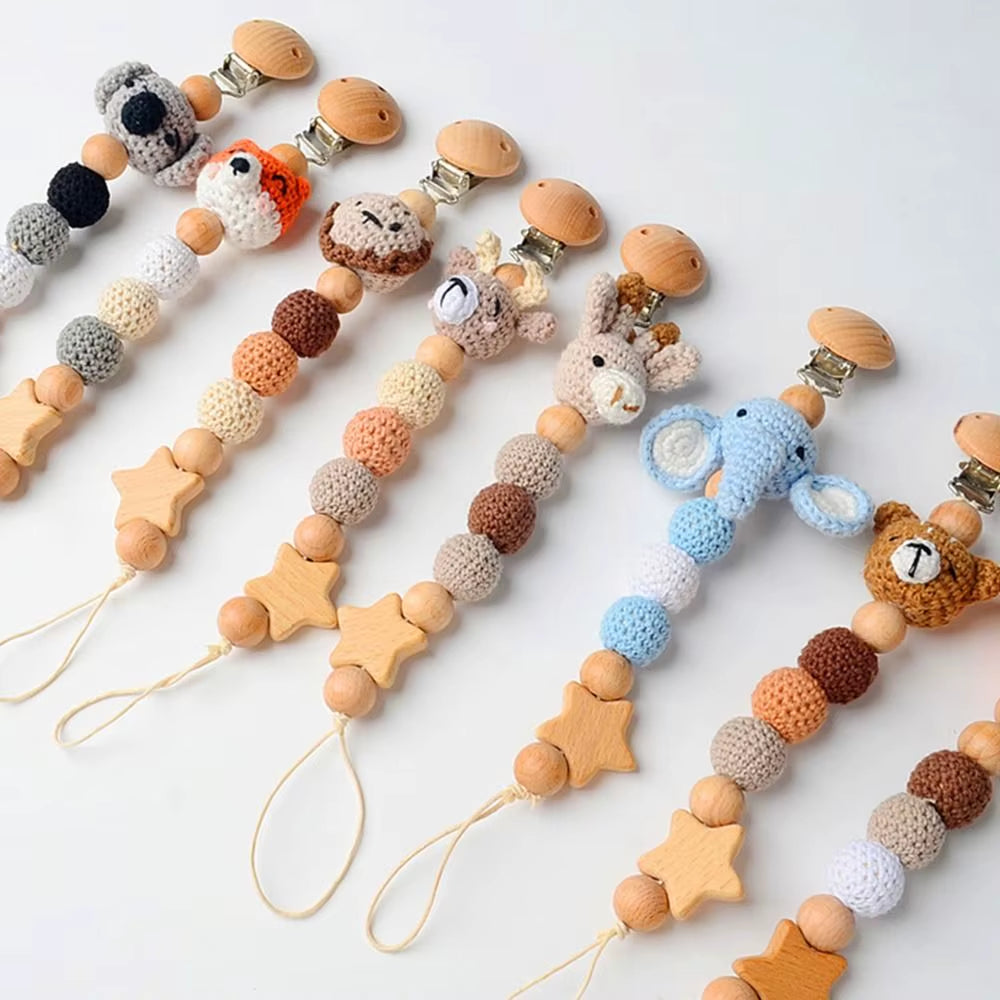 Baby Wooden Pacifier Clip Wood Crochet Cartoon Teething Soother Chain for BPA Free Nursing Chew Toy Baby Dummy Holder Chain