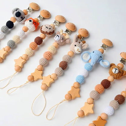 Baby Wooden Pacifier Clip Wood Crochet Cartoon Teething Soother Chain for BPA Free Nursing Chew Toy Baby Dummy Holder Chain