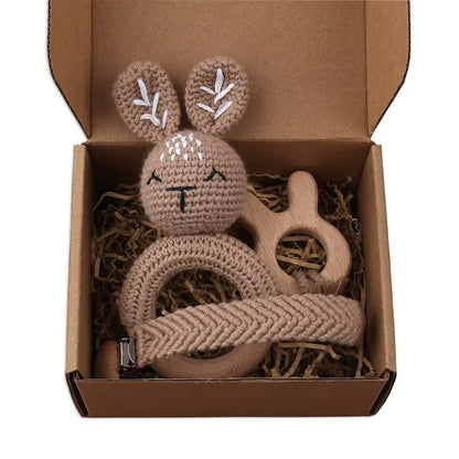 Adorable Handcrafted Crochet Baby Deer and Rabbit Stuffed Dolls with Wooden Teething Ring and Pacifier Chain Clips