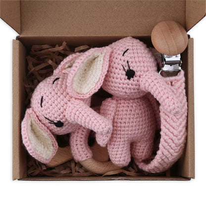 Adorable Handcrafted Crochet Baby Deer and Rabbit Stuffed Dolls with Wooden Teething Ring and Pacifier Chain Clips