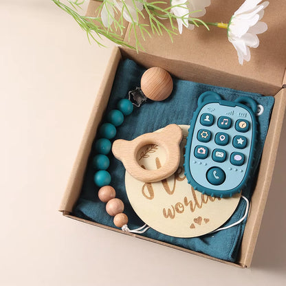 Delightful New Born Baby Gift Set: Silicone Teether, Wooden Bunny Rattle & Milestone Props