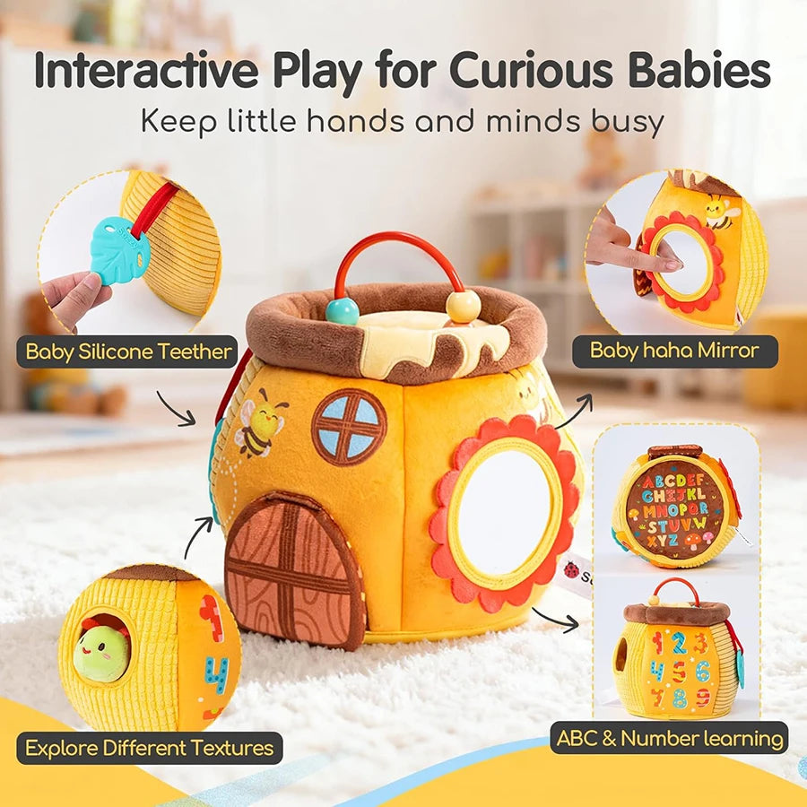 Baby Toys 6-12 Months,Bee House with Stuffed Farm Animals for Toddlers 1-3 Baby Plush Beehive Wtih Rattles Squeaker Mirror
