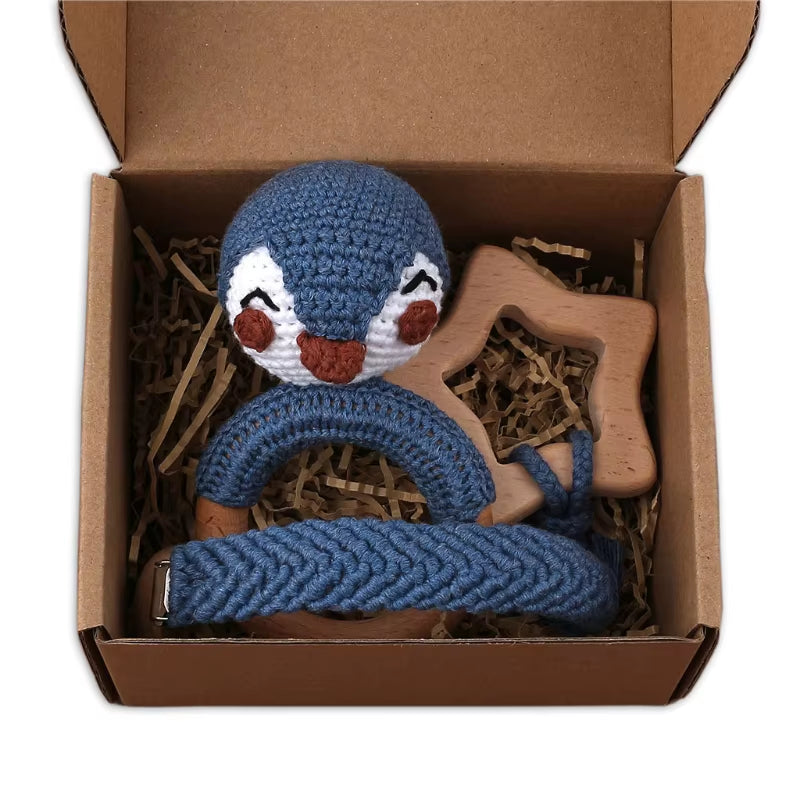 Adorable Handcrafted Crochet Baby Deer and Rabbit Stuffed Dolls with Wooden Teething Ring and Pacifier Chain Clips