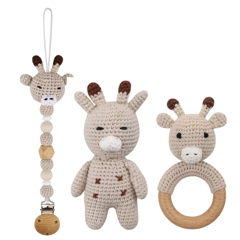 Adorable Handcrafted Crochet Baby Deer and Rabbit Stuffed Dolls with Wooden Teething Ring and Pacifier Chain Clips