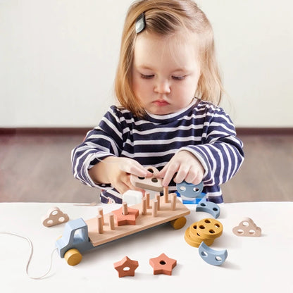 Wooden Baby Toy Wooden Trailer Babies Learn Cognitive Toy Hand and Foot Coordination Toy Color Recognition Toy Silicone Toy