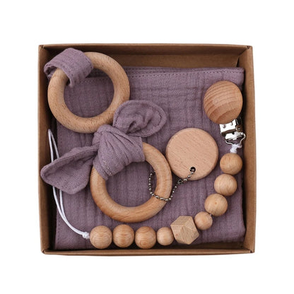 Delightful 1 Set Pacifier Clips Chain with Bunny Ears - Cotton Baby Bibs, Teether, and Wooden Gym Ring for Your Little One